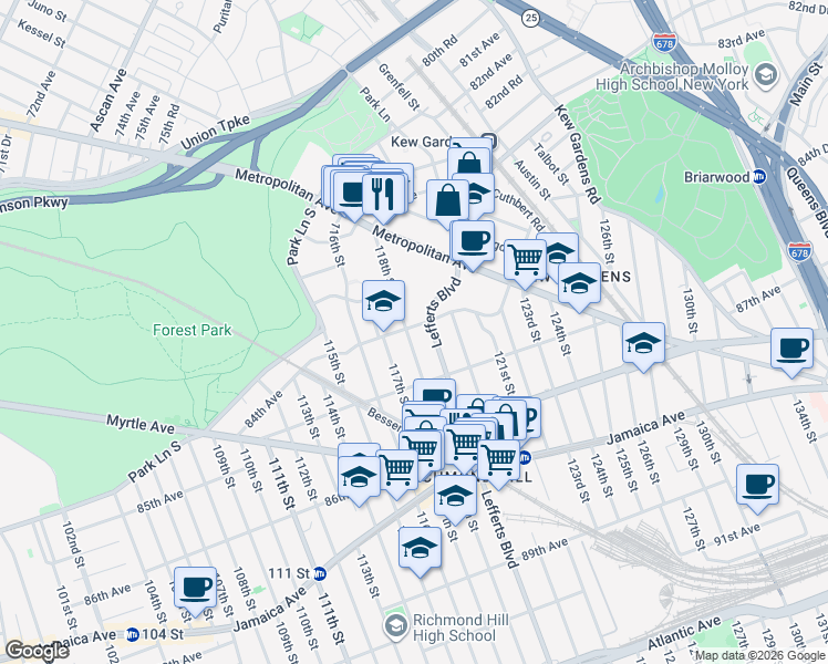 map of restaurants, bars, coffee shops, grocery stores, and more near 118-02 84th Avenue in Queens