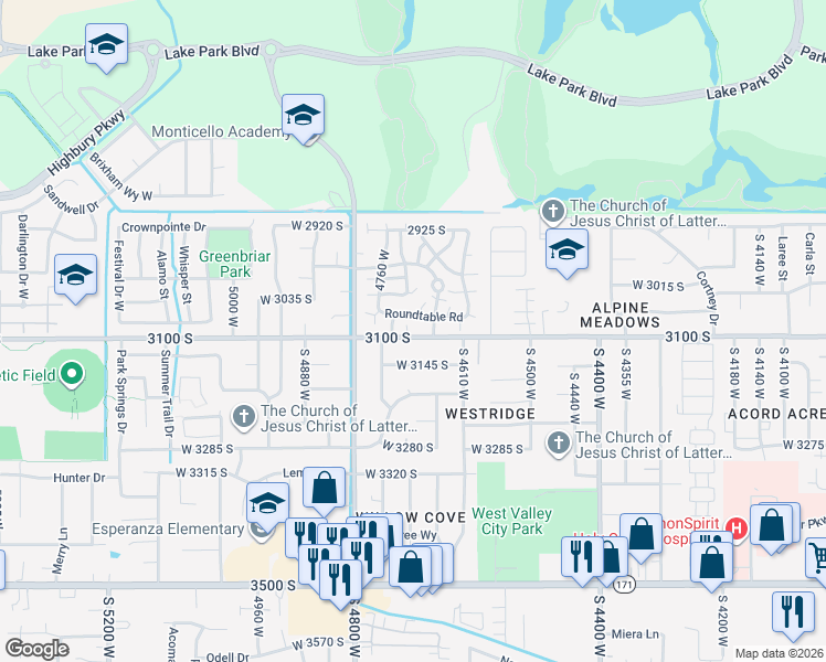 map of restaurants, bars, coffee shops, grocery stores, and more near 3087 Derbyshire in West Valley City