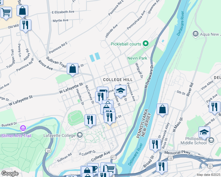 map of restaurants, bars, coffee shops, grocery stores, and more near 606 Reeder Street in Easton
