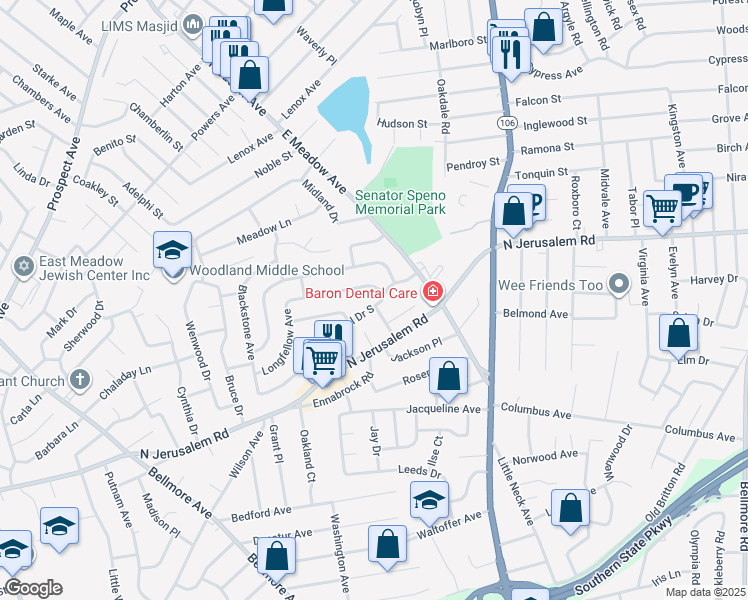 map of restaurants, bars, coffee shops, grocery stores, and more near 2133 Central Drive South in East Meadow