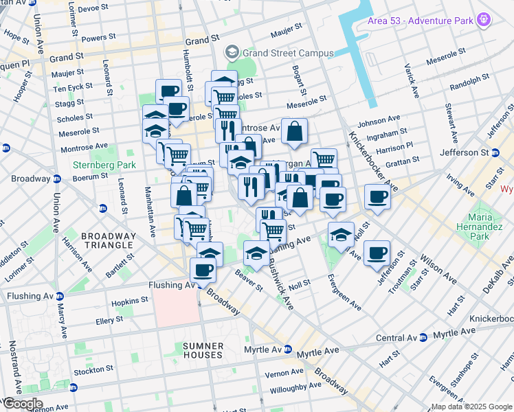 map of restaurants, bars, coffee shops, grocery stores, and more near 168 Moore Street in Brooklyn