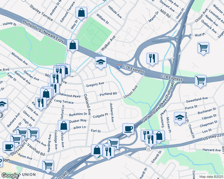 map of restaurants, bars, coffee shops, grocery stores, and more near 9 Hayes Road in Union