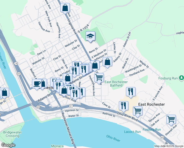 map of restaurants, bars, coffee shops, grocery stores, and more near 477 Adams Street in Rochester