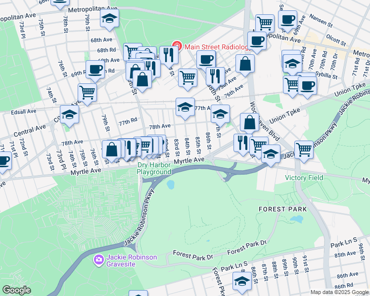 map of restaurants, bars, coffee shops, grocery stores, and more near 78-54 84th Street in Queens