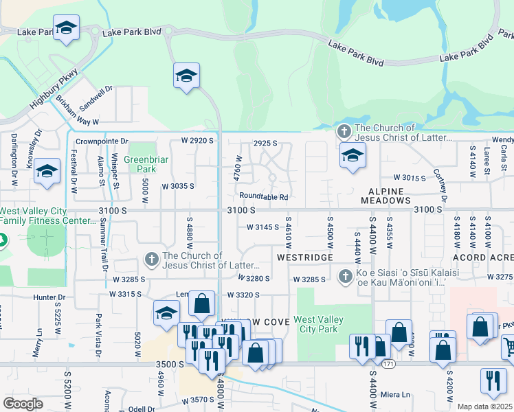 map of restaurants, bars, coffee shops, grocery stores, and more near 3087 South Derbyshire in West Valley City