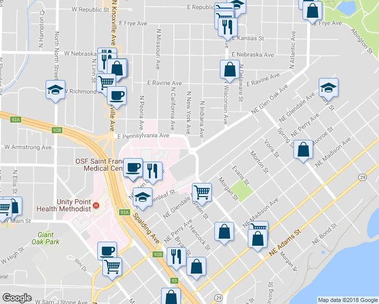 map of restaurants, bars, coffee shops, grocery stores, and more near 815 Northeast Glen Oak Avenue in Peoria