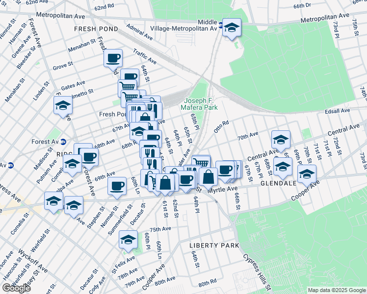 map of restaurants, bars, coffee shops, grocery stores, and more near 69-20 64th Place in Queens