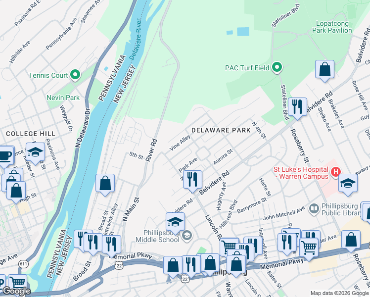 map of restaurants, bars, coffee shops, grocery stores, and more near 1 Park Square in Phillipsburg