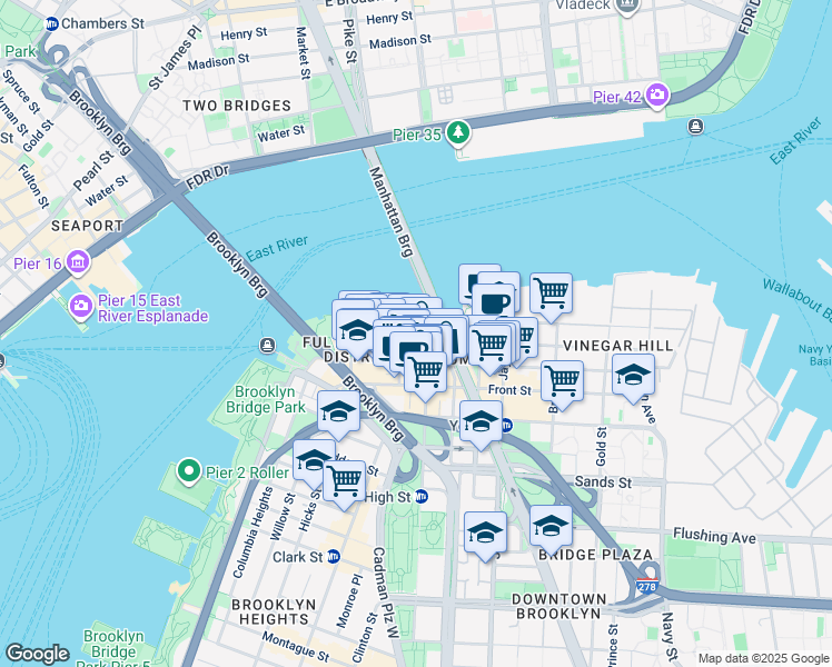 map of restaurants, bars, coffee shops, grocery stores, and more near 77 Plymouth Street in Brooklyn