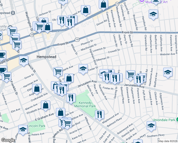 map of restaurants, bars, coffee shops, grocery stores, and more near 10 Cedar Street in Hempstead