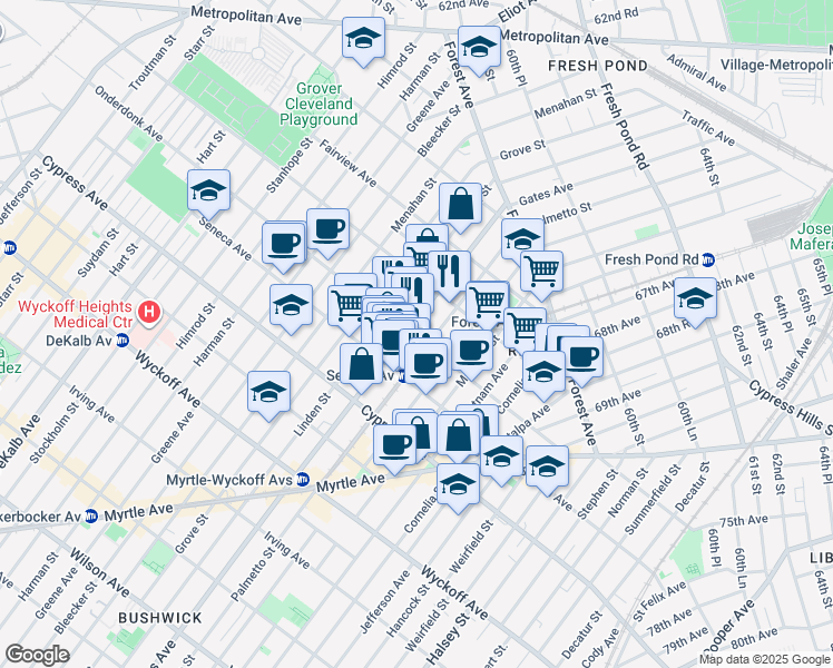 map of restaurants, bars, coffee shops, grocery stores, and more near 6-89 Onderdonk Avenue in Queens