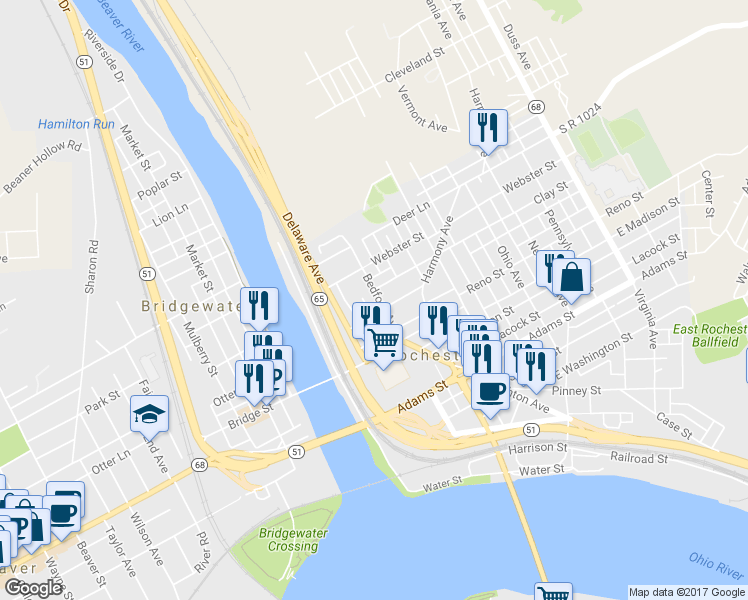 map of restaurants, bars, coffee shops, grocery stores, and more near 446 Bedford Ave in Rochester