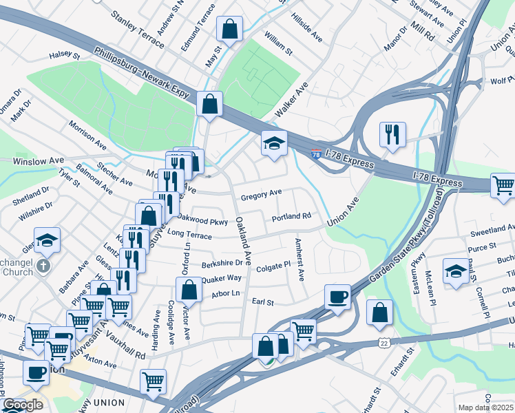 map of restaurants, bars, coffee shops, grocery stores, and more near 1465 Carlsen Drive in Union