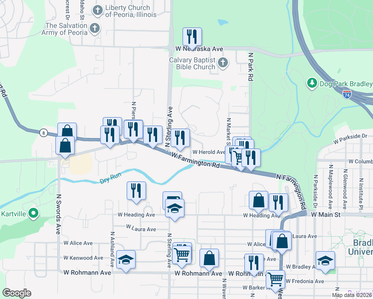 map of restaurants, bars, coffee shops, grocery stores, and more near 1315 North Rhodora Avenue in West Peoria