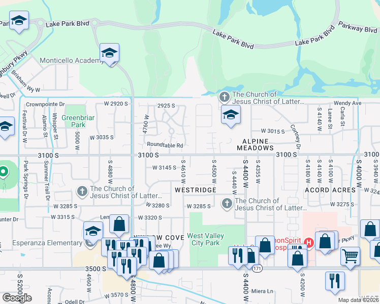 map of restaurants, bars, coffee shops, grocery stores, and more near 4598 West 3100 South in West Valley City
