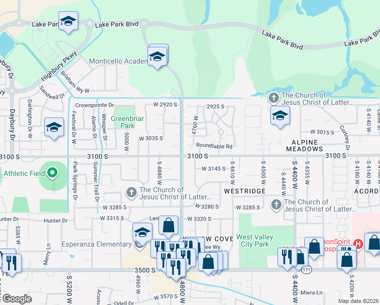 map of restaurants, bars, coffee shops, grocery stores, and more near 3092 Towerbell Lane in West Valley City