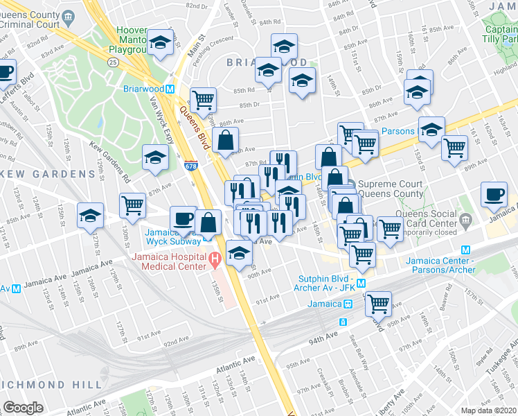 map of restaurants, bars, coffee shops, grocery stores, and more near 139-09 88th Avenue in Queens