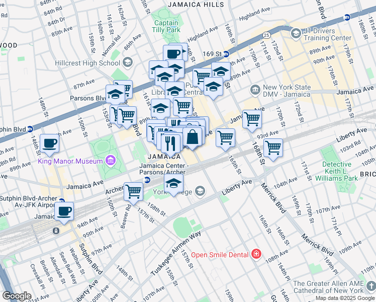 map of restaurants, bars, coffee shops, grocery stores, and more near 162-10 Jamaica Avenue in Queens