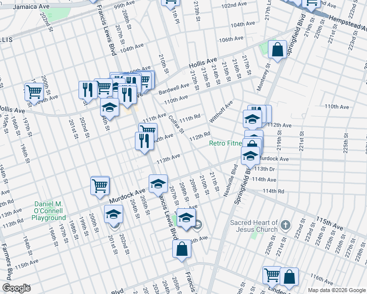 map of restaurants, bars, coffee shops, grocery stores, and more near 112-18 210th Street in Queens