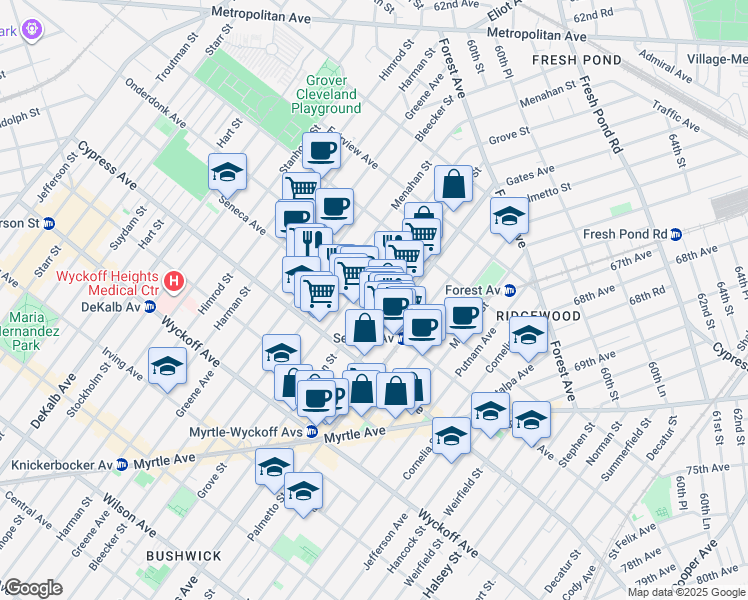 map of restaurants, bars, coffee shops, grocery stores, and more near 6-05 Seneca Avenue in Queens