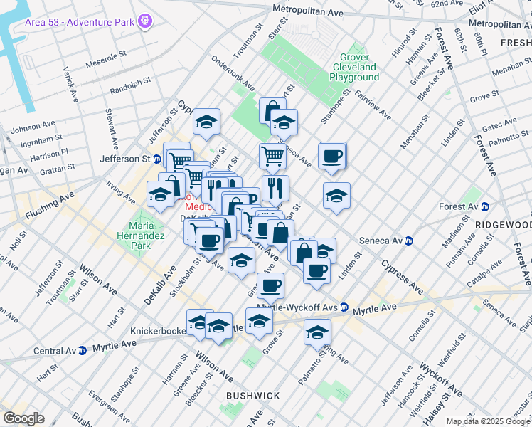 map of restaurants, bars, coffee shops, grocery stores, and more near 371 Himrod Street in Brooklyn