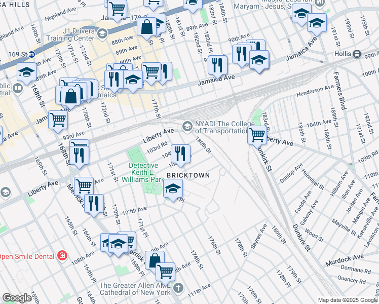 map of restaurants, bars, coffee shops, grocery stores, and more near 177-23 105th Avenue in Queens