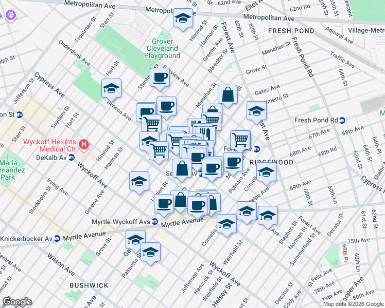 map of restaurants, bars, coffee shops, grocery stores, and more near 1827 Gates Avenue in Queens
