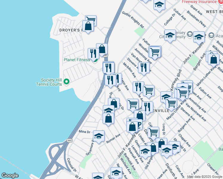 map of restaurants, bars, coffee shops, grocery stores, and more near 394 Danforth Avenue in Jersey City