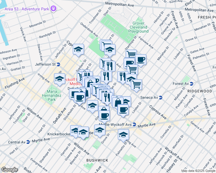map of restaurants, bars, coffee shops, grocery stores, and more near 187 Saint Nicholas Avenue in Brooklyn