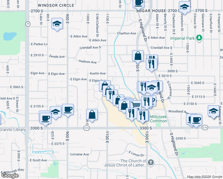 map of restaurants, bars, coffee shops, grocery stores, and more near 1167 Brickyard Road in Salt Lake City