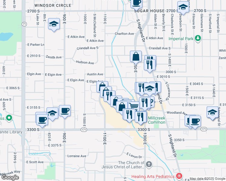 map of restaurants, bars, coffee shops, grocery stores, and more near 1155 Brickyard Road in Salt Lake City
