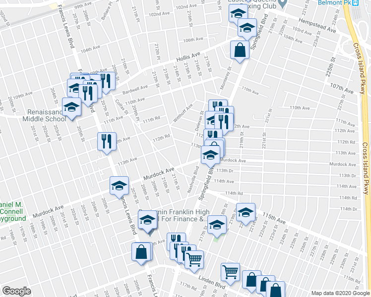 map of restaurants, bars, coffee shops, grocery stores, and more near 11312 Delevan Street in Queens