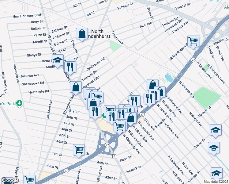 map of restaurants, bars, coffee shops, grocery stores, and more near 1029 North Delaware Avenue in Lindenhurst