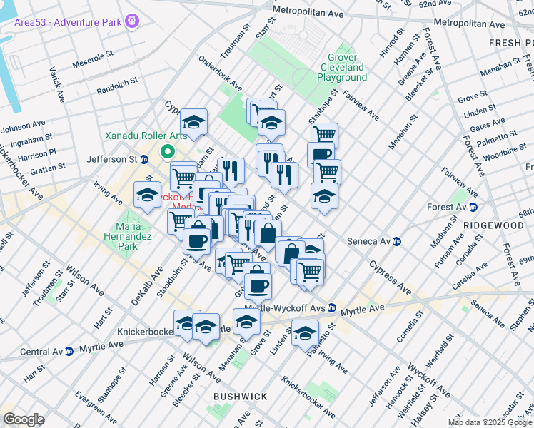 map of restaurants, bars, coffee shops, grocery stores, and more near 187 Saint Nicholas Avenue in Brooklyn