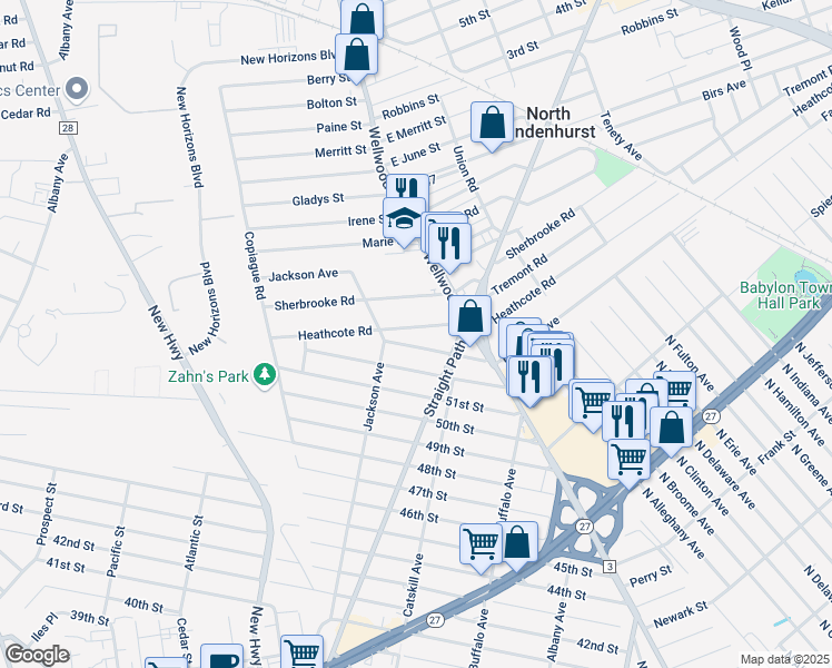 map of restaurants, bars, coffee shops, grocery stores, and more near 138 Heathcote Road in Lindenhurst