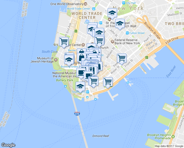 map of restaurants, bars, coffee shops, grocery stores, and more near 6 Stone Street in New York