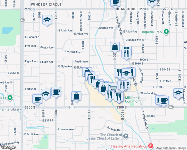 map of restaurants, bars, coffee shops, grocery stores, and more near 1167 Brickyard Road in Salt Lake City