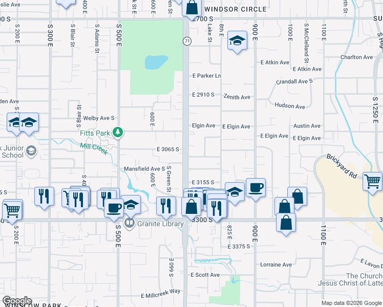 map of restaurants, bars, coffee shops, grocery stores, and more near 3080 South 700 East in South Salt Lake