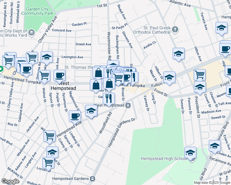 map of restaurants, bars, coffee shops, grocery stores, and more near 111 Hempstead Turnpike in West Hempstead