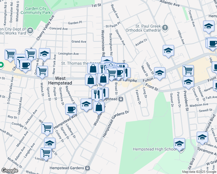 map of restaurants, bars, coffee shops, grocery stores, and more near 111 Hempstead Turnpike in West Hempstead