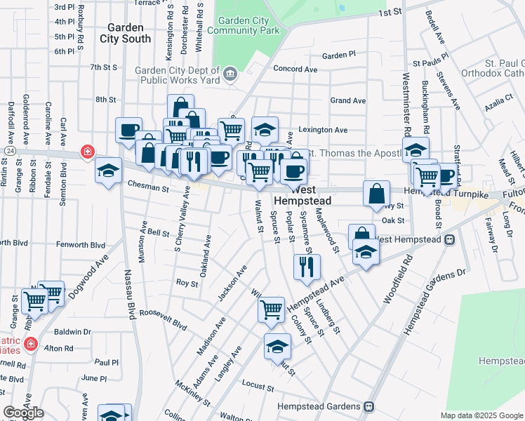 map of restaurants, bars, coffee shops, grocery stores, and more near 30 Walnut Street in West Hempstead