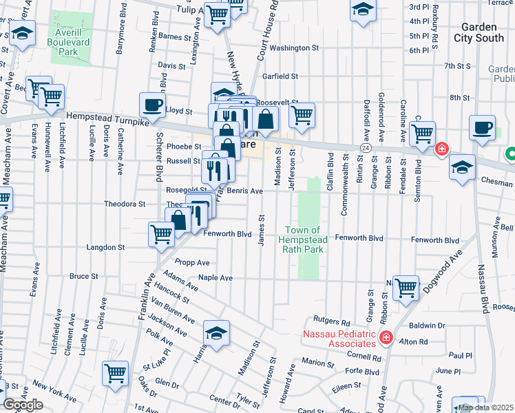 map of restaurants, bars, coffee shops, grocery stores, and more near 947 Plane Avenue in Franklin Square