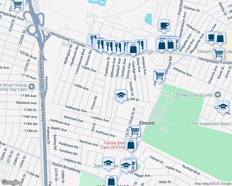 map of restaurants, bars, coffee shops, grocery stores, and more near 207 Waldorf Avenue in Elmont