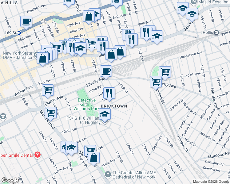 map of restaurants, bars, coffee shops, grocery stores, and more near 177-23 105th Avenue in Queens