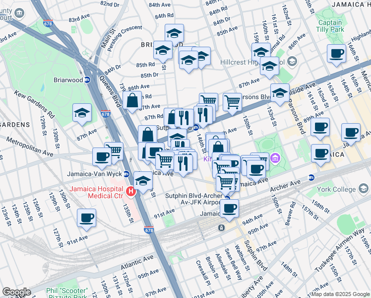 map of restaurants, bars, coffee shops, grocery stores, and more near 8802 144th Street in Queens