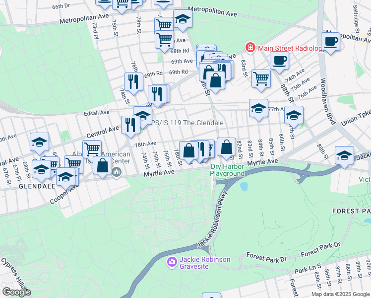 map of restaurants, bars, coffee shops, grocery stores, and more near 78-21 78th Street in Queens