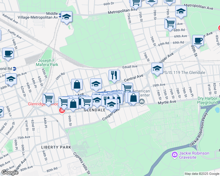 map of restaurants, bars, coffee shops, grocery stores, and more near 71-03 69th Place in Queens