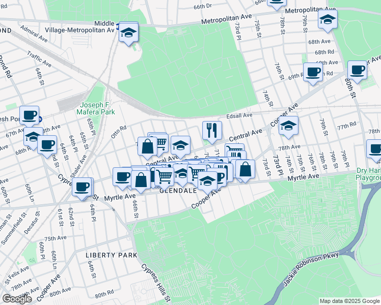 map of restaurants, bars, coffee shops, grocery stores, and more near 71-03 69th Place in Queens