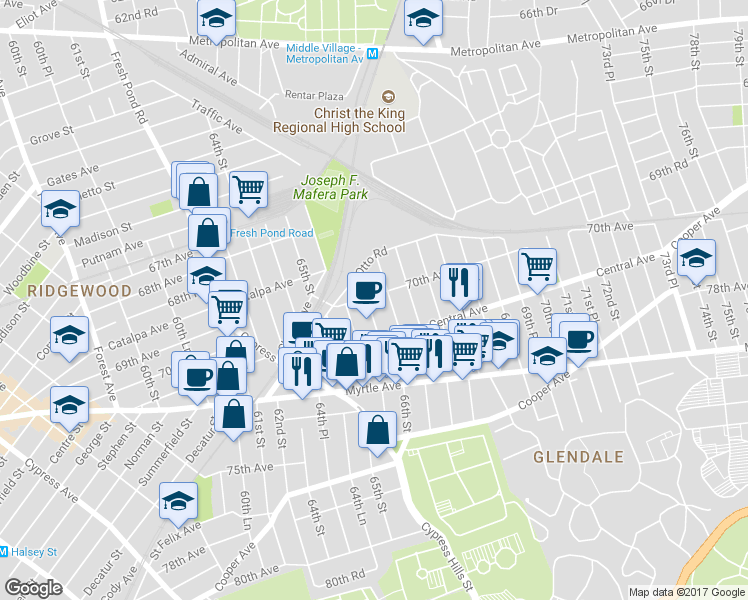 map of restaurants, bars, coffee shops, grocery stores, and more near 70-12 66th Place in Queens