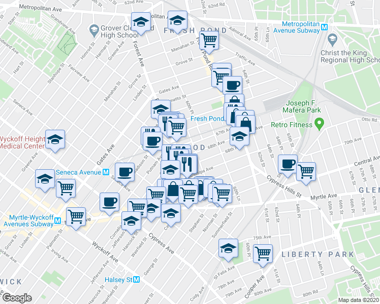 map of restaurants, bars, coffee shops, grocery stores, and more near 67-24 60th Street in Queens